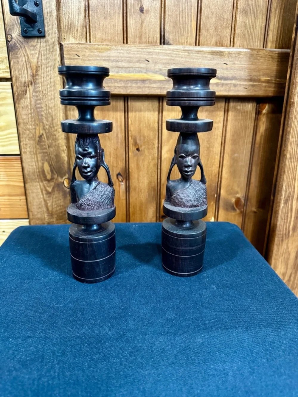 Vintage Hand-Carved African Folk Art Ebony Wood Candle Holders - Picture 1 of 6